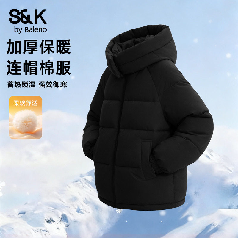 班尼路S&K系列黑色棉服女款冬季新款加厚保暖通勤百搭面包服外套Q