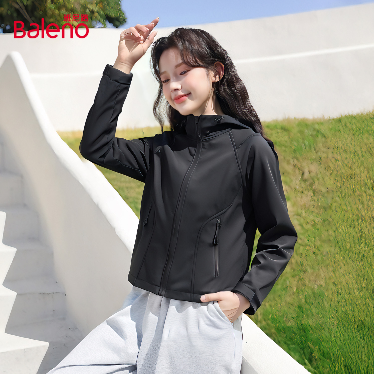 班尼路防水夹克女冬2025新款三防连帽外套美式宽松慵懒保暖上衣M