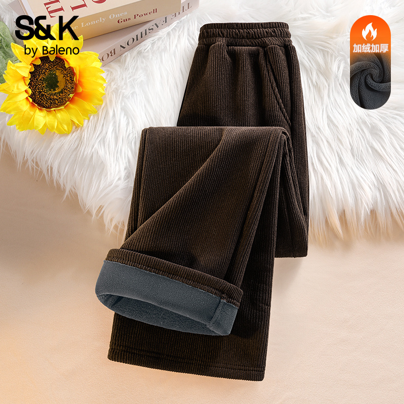 班尼路S&K系列灯芯绒阔腿裤加绒裤子女2025新款冬季加厚休闲裤M