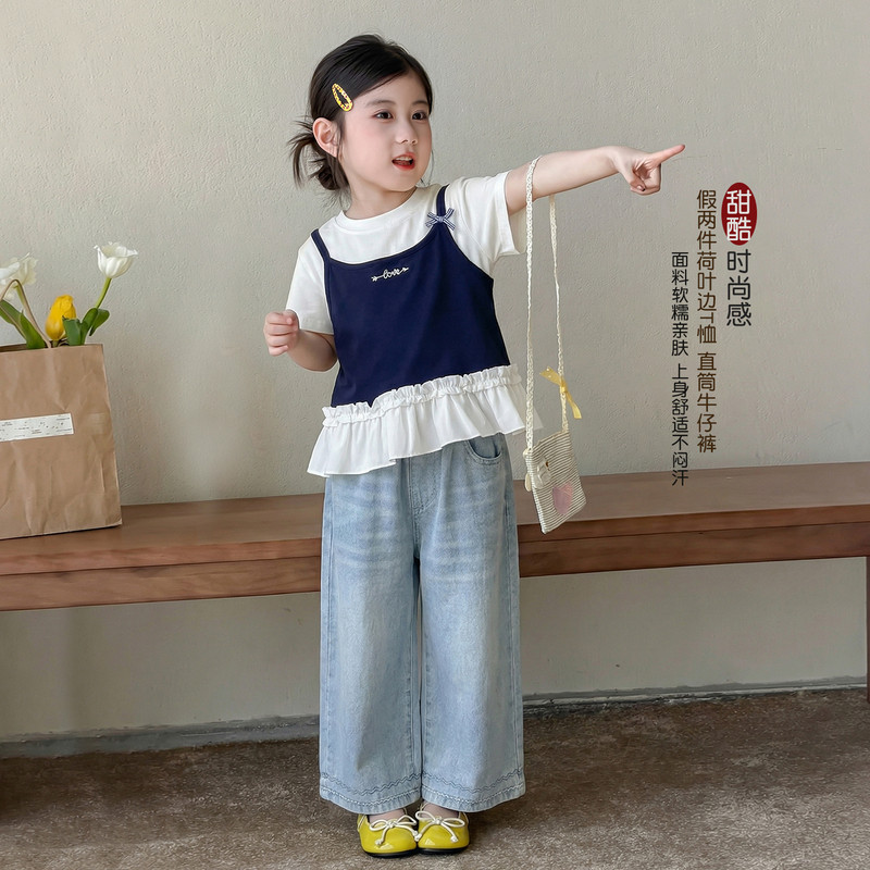 女童套装夏装2026新款儿童夏季假两件上衣女孩薄款宽松休闲牛仔裤图片