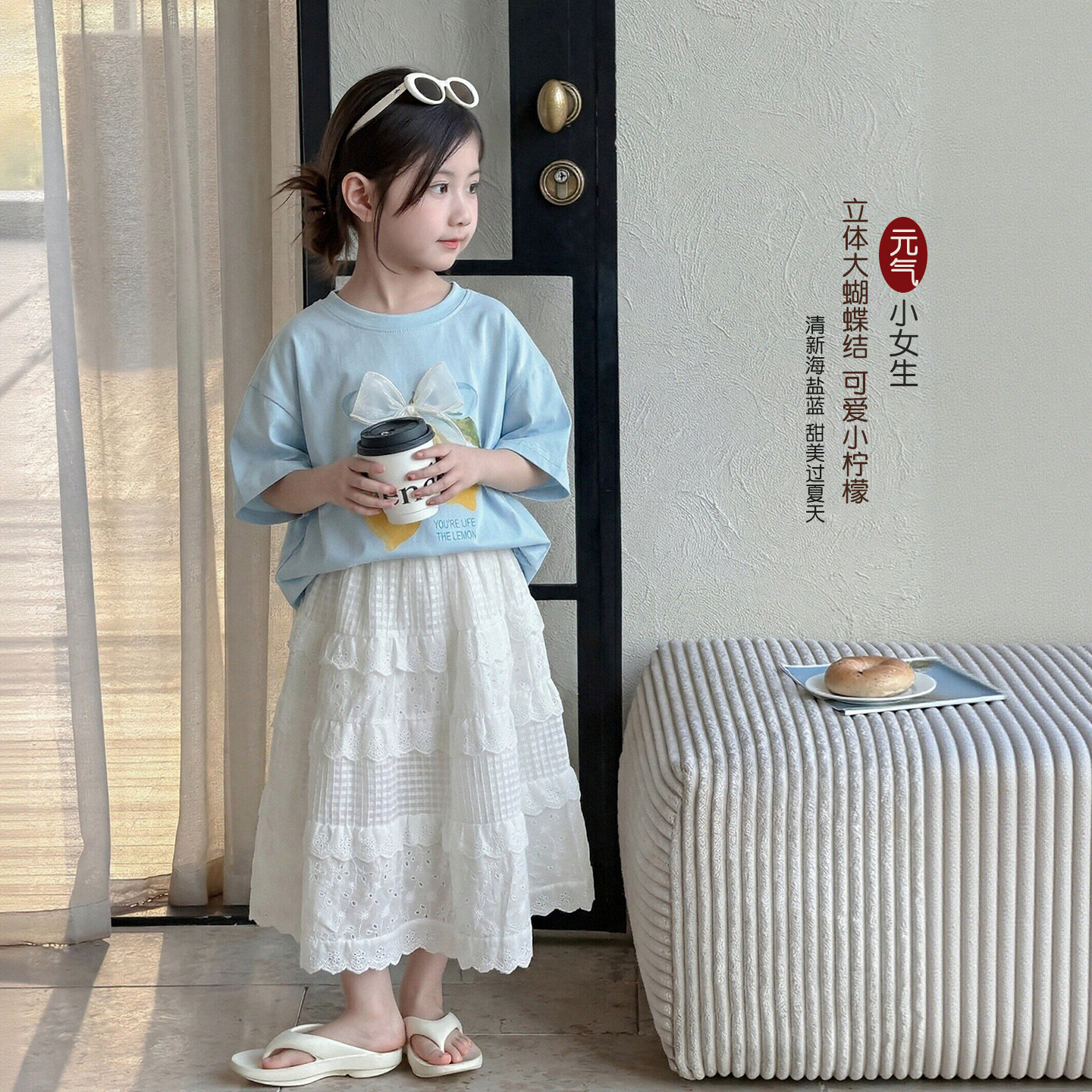 女童短袖T恤夏装2026新款儿童夏季超漂亮蝴蝶结上衣女宝宝五分袖