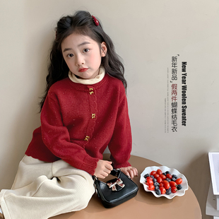 女童红色毛衣2026冬季新款儿童新年衣服战袍拜年服女孩套头针织衫