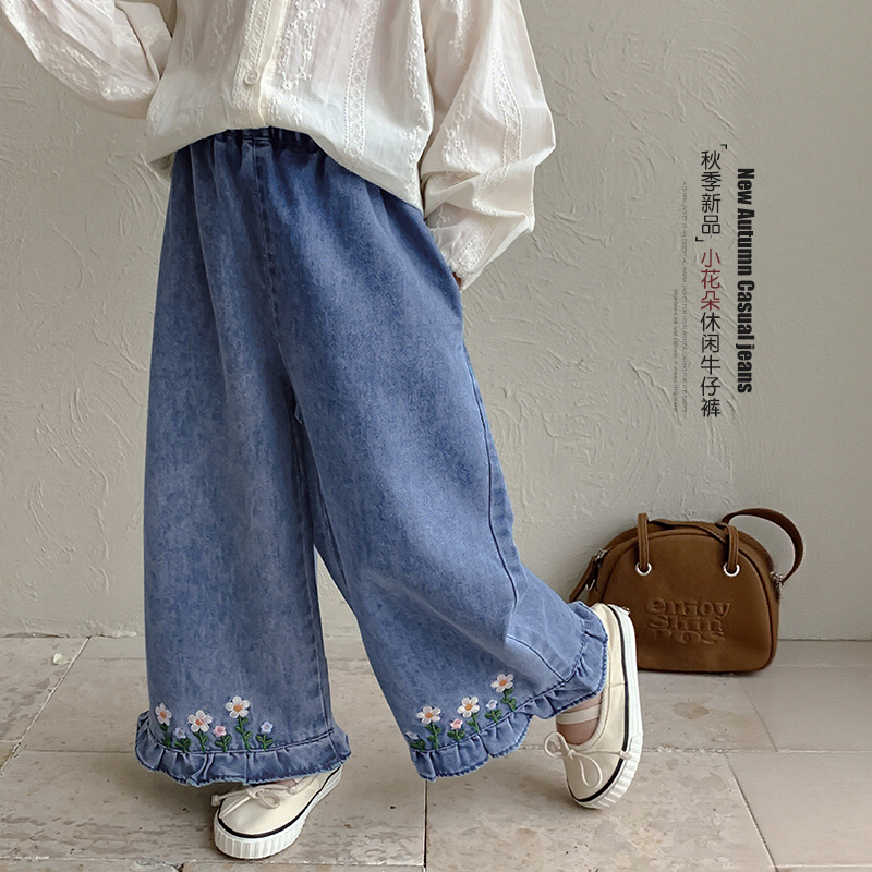 女童牛仔裤儿童裤子刺绣直筒裤