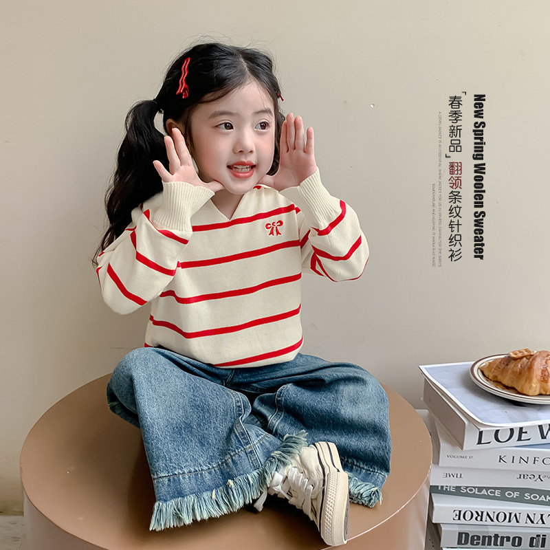 女童毛衣针织衫秋冬款2026新款韩版儿童秋装女孩打底长袖条纹上衣