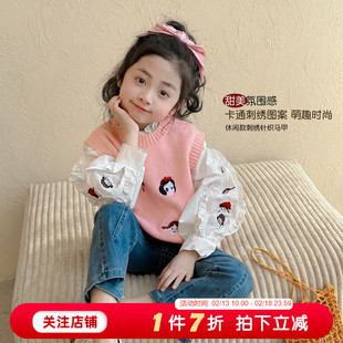 女童针织马甲春秋款2026新款小女孩春装卡通刺绣背心儿童春季马夹