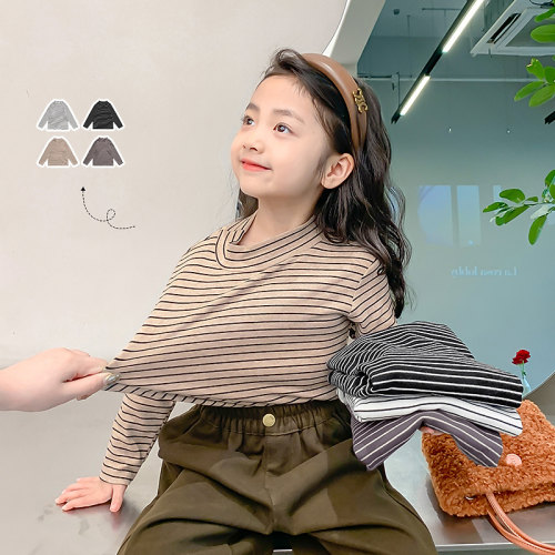 女童打底衫2026秋装新款儿童长袖t恤半高领春秋百搭女孩条纹上衣