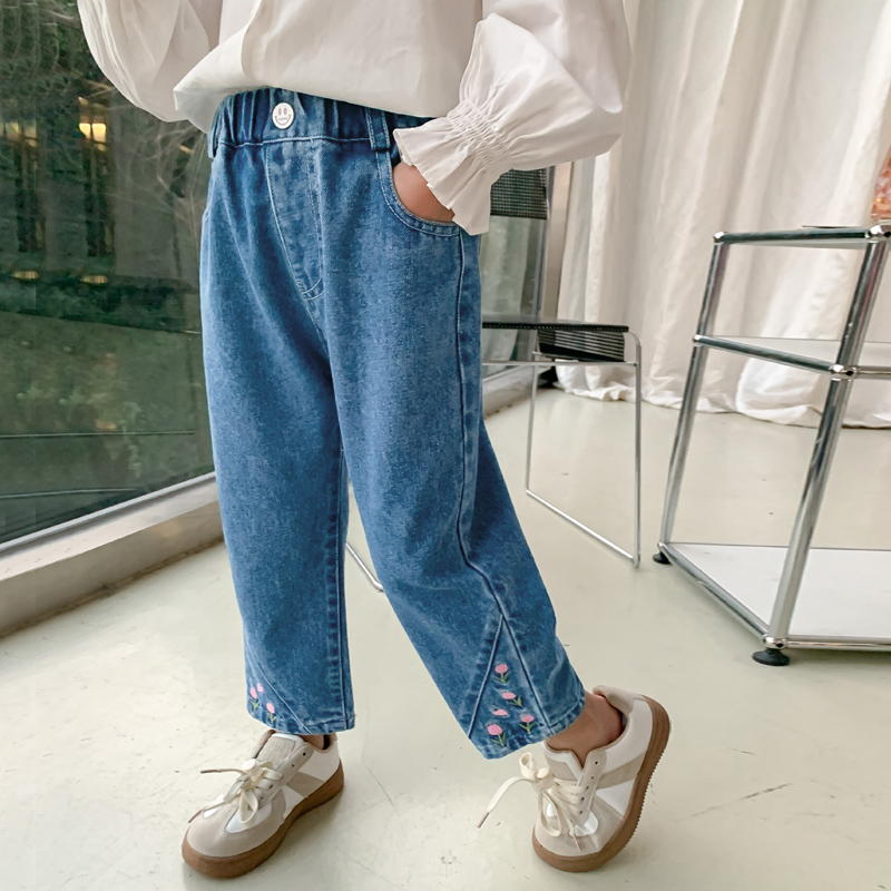女童牛仔裤子春秋款刺绣夏装长裤