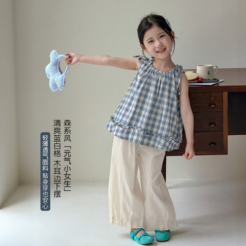 女童格子娃娃衫夏装2026新款儿童夏季薄款衬衣女孩超好看无袖衬衫