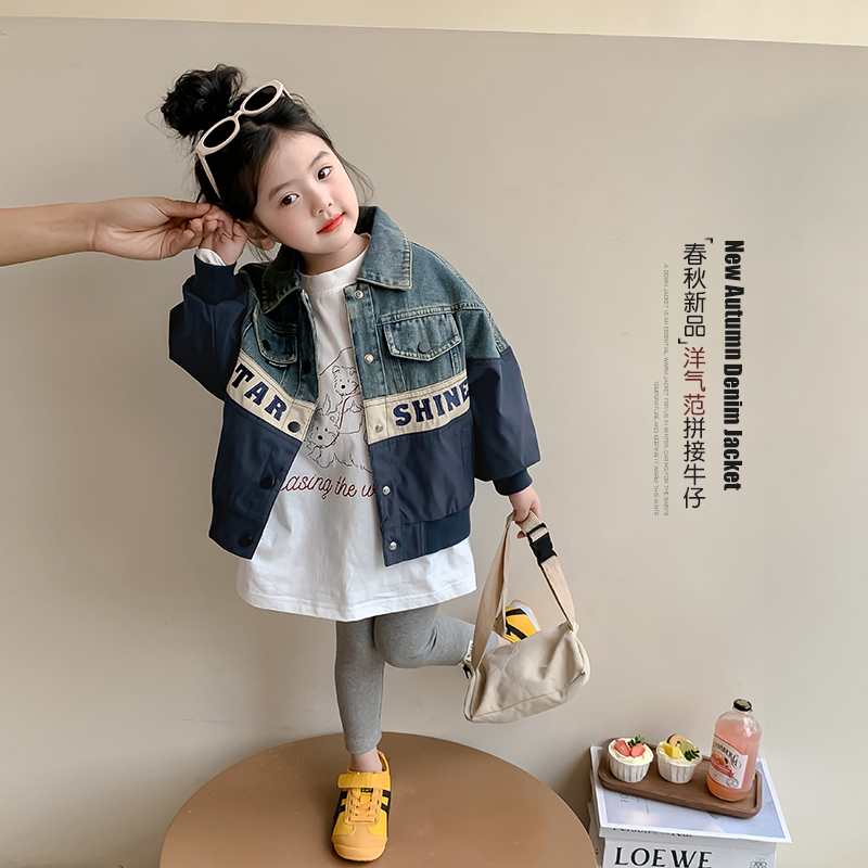 女童外套春秋款女孩拼接牛仔上衣