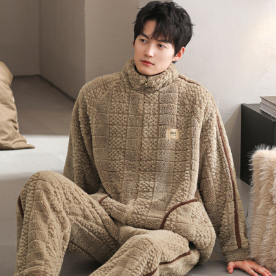 睡衣男秋冬加厚加绒法兰绒套装珊瑚绒家居服开衫拉链大码保暖冬装