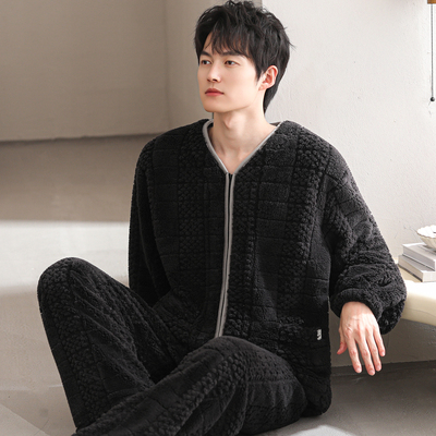 睡衣男秋冬加厚加绒法兰绒套装珊瑚绒家居服开衫拉链大码保暖冬装