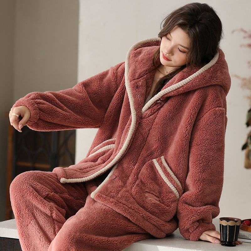 新款可外穿加厚睡衣女秋冬珊瑚绒加绒套装高克重保暖家居服套装