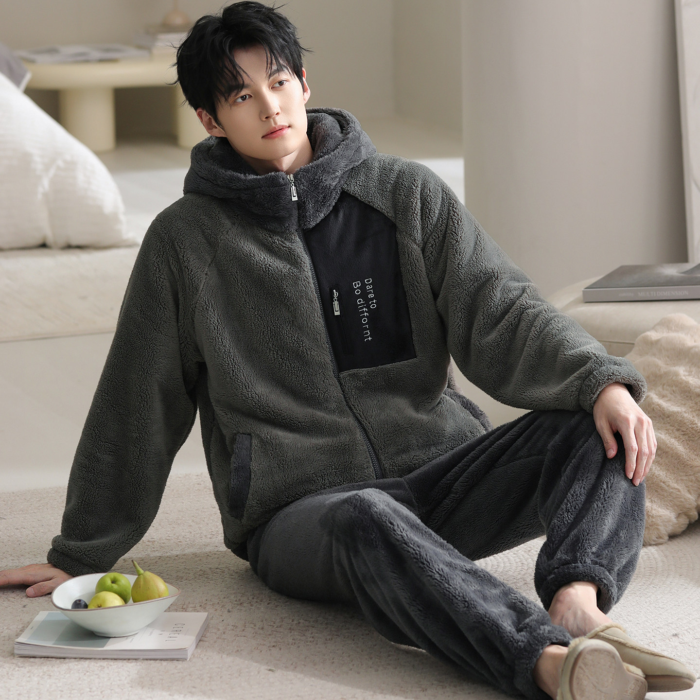 睡衣男秋冬加厚加绒法兰绒套装珊瑚绒家居服开衫拉链大码保暖冬装