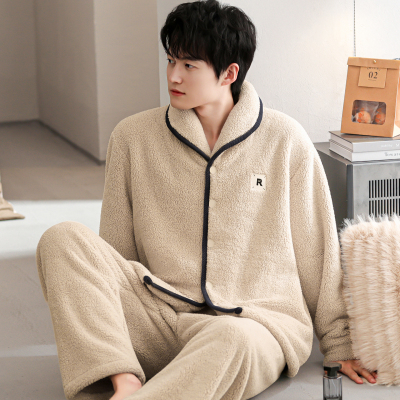 睡衣男秋冬加厚加绒法兰绒套装珊瑚绒家居服开衫休闲大码保暖冬装