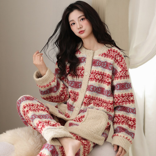 新款玉兔绒可外穿家居服女士套装