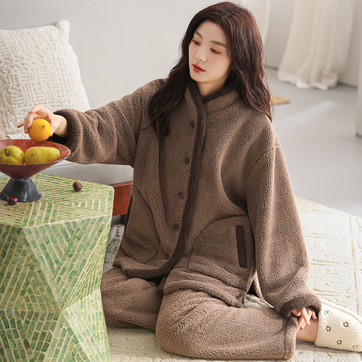 新款玉兔绒可外穿家居服女士套装
