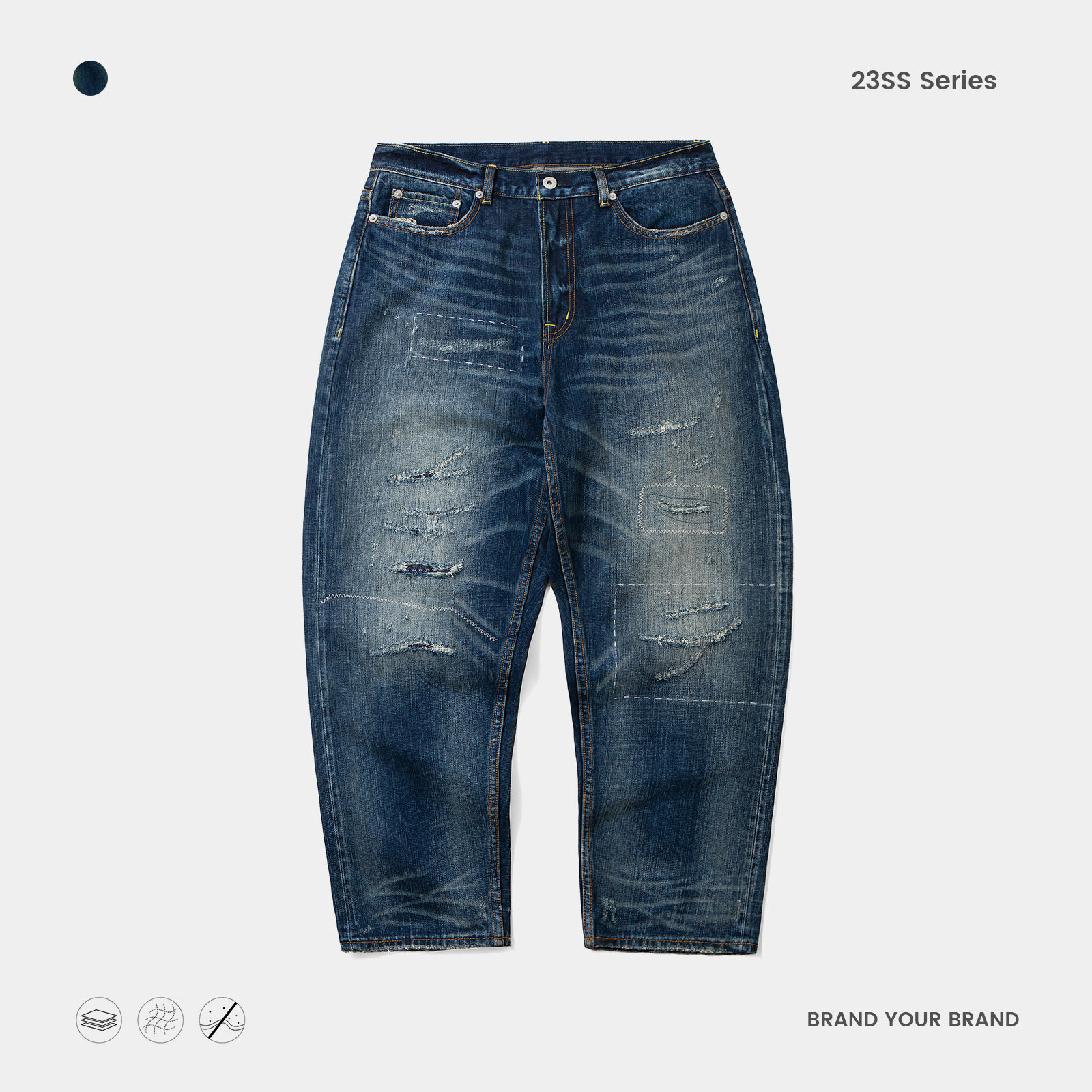 RN7723SS日系复古14OZ重水洗磨破手绘针缝猫须赤耳牛仔裤男