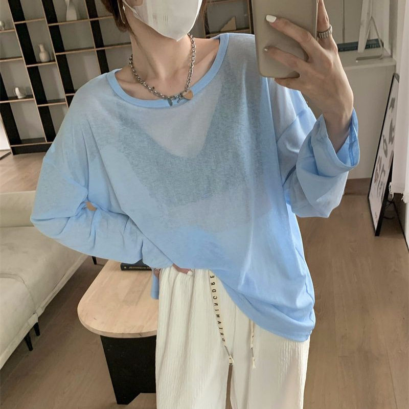 圆领糖果色长袖薄款打底T恤夏季新款宽松罩衫显瘦百搭防晒上衣