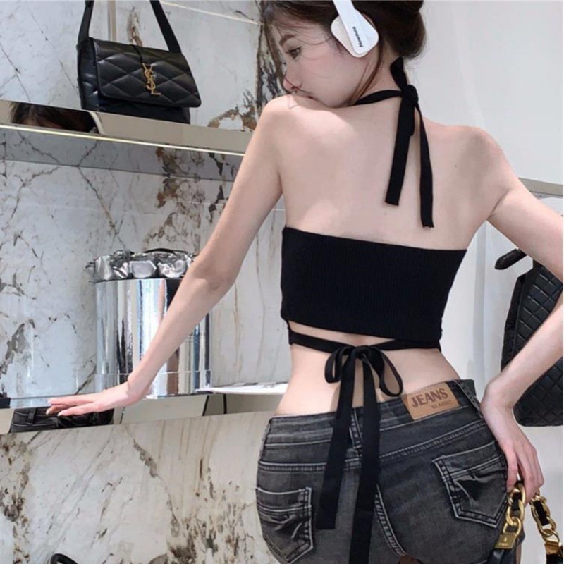 辣妹黑色美背小吊带背心新款夏季露背针织外穿纯欲短款性感上衣