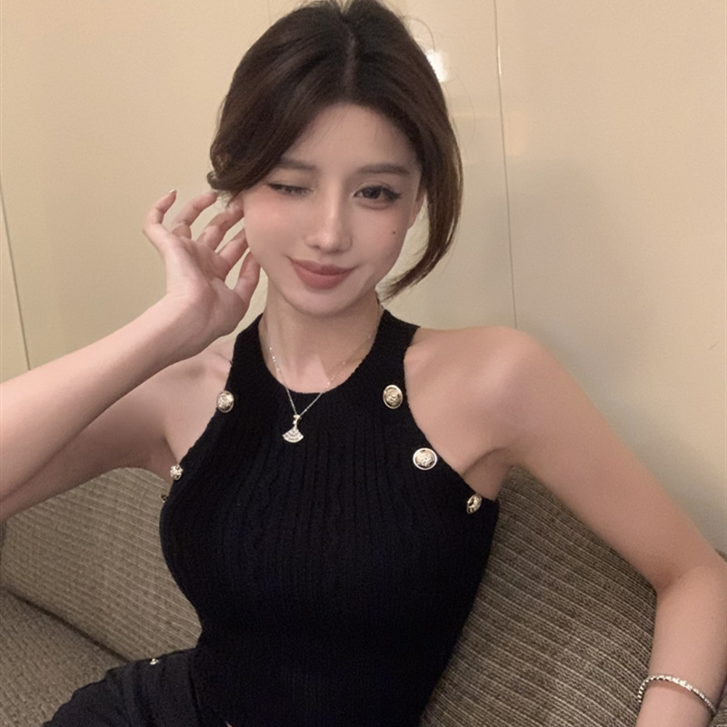 纯欲风辣妹短款无袖背心女夏季新款高腰露脐设计感坎肩挂脖上衣