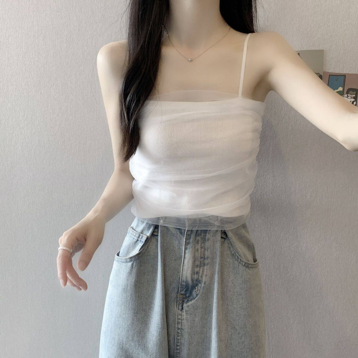 白色抹胸网纱吊带背心女款夏季