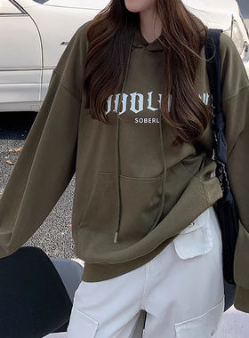 军绿色连帽卫衣女新款秋季美式圆领宽松慵懒早秋穿搭长袖上衣