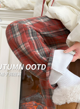 红色毛呢加绒裤子女冬加厚新款小个子直筒宽松冬天休闲阔腿裤