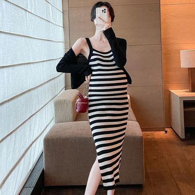 夏季新款撞色弹力修身裙子显瘦条纹辣妹吊带针织气质连衣裙长裙