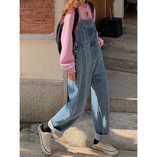 金智妮同款裤子爱心牛仔背带裤女韩版宽松百搭显瘦网红减龄学生森