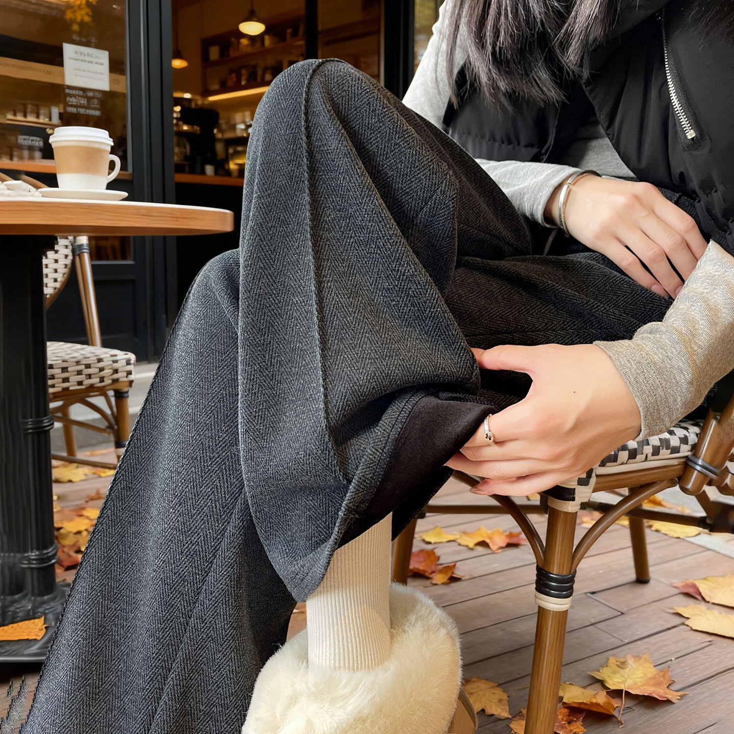 加绒裤子新款今年流行爆款加厚人字纹毛呢直筒裤小个子阔腿裤