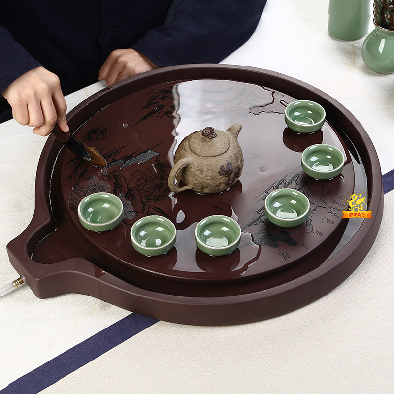 新品宜兴紫砂茶盘茶海功夫茶台圆形茶具双层转动鸭嘴石磨排水式_虎窝淘