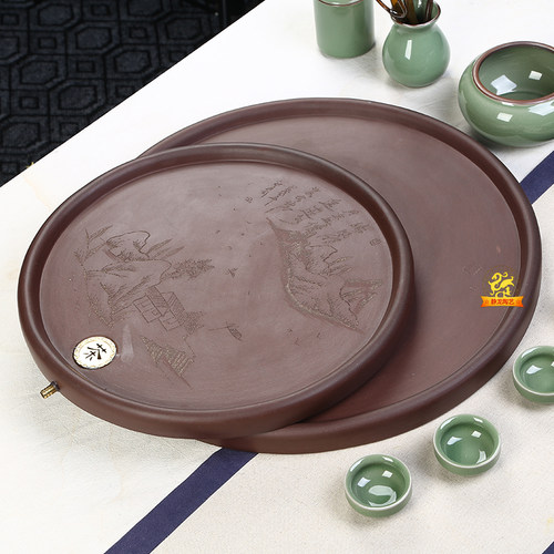 宜兴紫砂圆形山水图大小号茶盘