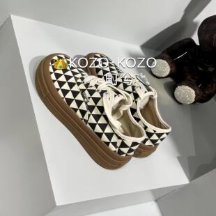 品牌撤柜女鞋圆头厚底增高法式格子2025春款帆布休闲鞋系带板鞋子