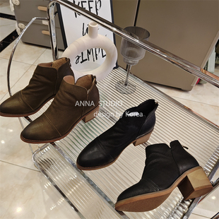 真皮撤柜2024年秋冬复古高雅范粗跟短靴女新款 百搭绒布切尔西靴子