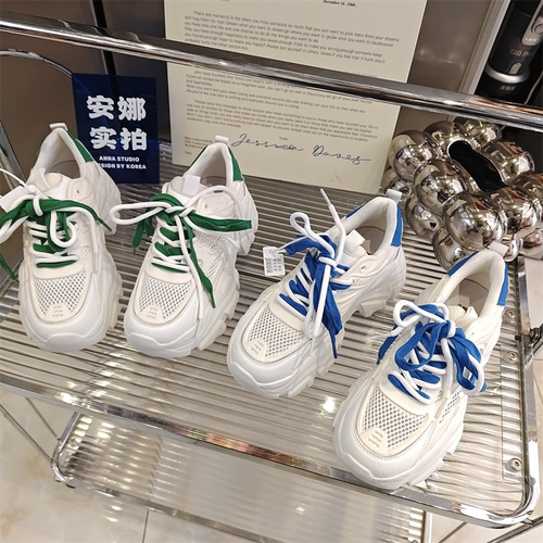 真皮网面透气厚底老爹鞋女夏季