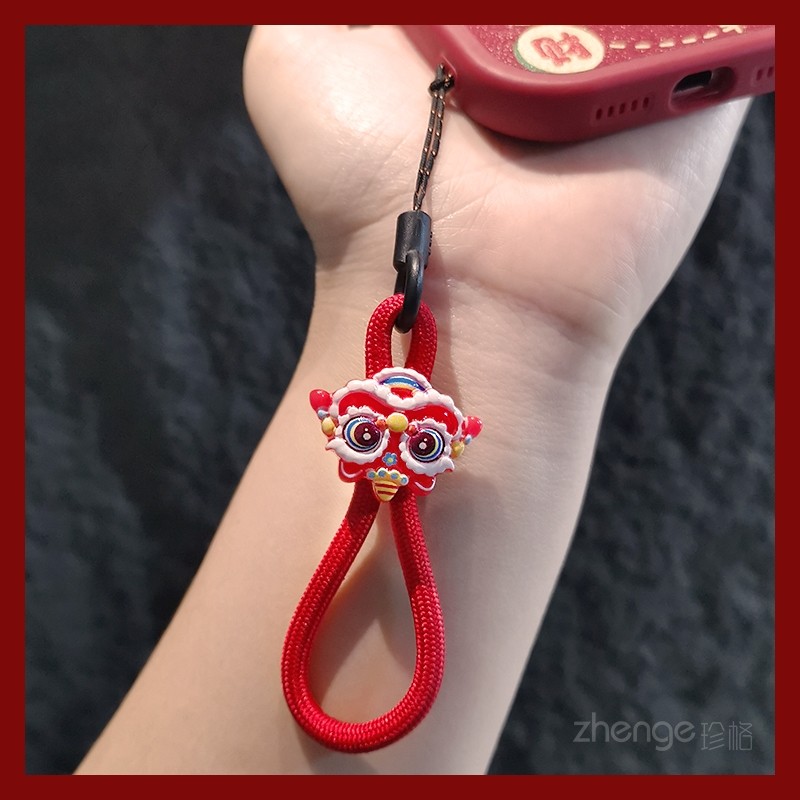 手机挂绳指环扣挂件新年红醒狮招财手指扣挂饰手机壳吊绳男女拇指扣结实耐用加粗编织绳户外旅游防丢防盗手绳