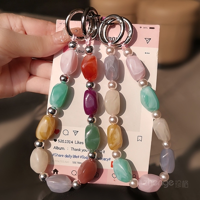 双域彩石串珠手机链挂绳女手腕短款多巴胺手机壳挂件小清新拇指环挂饰绳子户外防丢旅游出行防盗手提链挂绳新