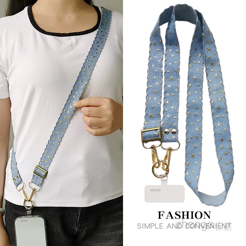 双域斜挎手机挂绳ins牛仔布长挂脖款垫夹片小吊绳通用户外男女登山旅游防丢手腕套壳相机挂链子原创手作新品