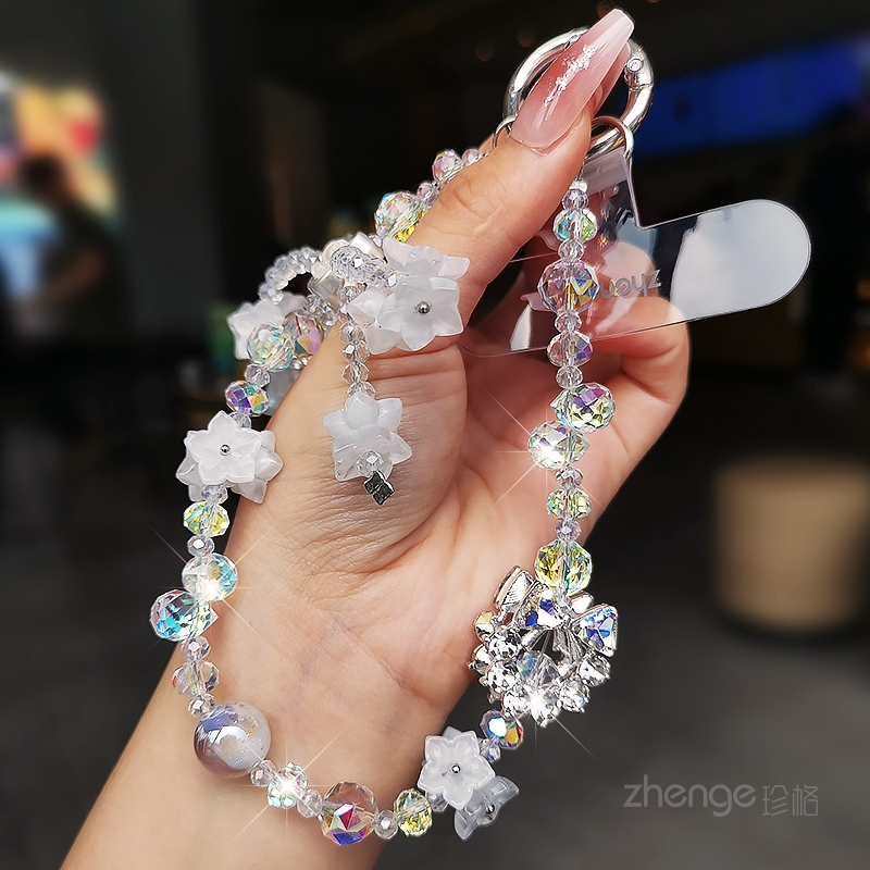 双域风铃花水晶蝴蝶手机链女手腕挂件精致手作串珠饰品短款户外旅游出行逛街防丢手提链清新高端手机壳套挂绳