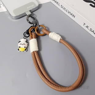 双域熊猫吊坠手机挂绳短手腕绳ins好看手机挂饰挂件皮质手绳户外出行旅游登山携带神器手机防丢手机壳小吊绳
