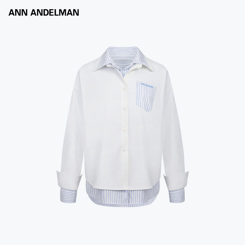 ANN ANDELMAN 长袖衬衫女真两件双面叠穿宽松条纹纯色衬衣,女装/女士精品,衬衫,淘宝优惠券,粉丝福利购,淘宝优惠卷
