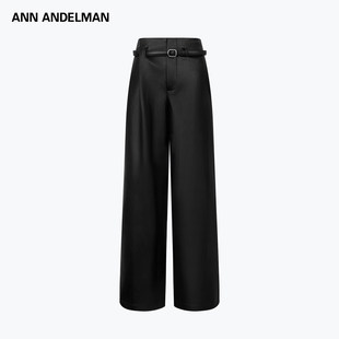 阔腿长裤 单边褶皱设计配腰带直筒休闲pu皮裤 ANDELMAN ANN