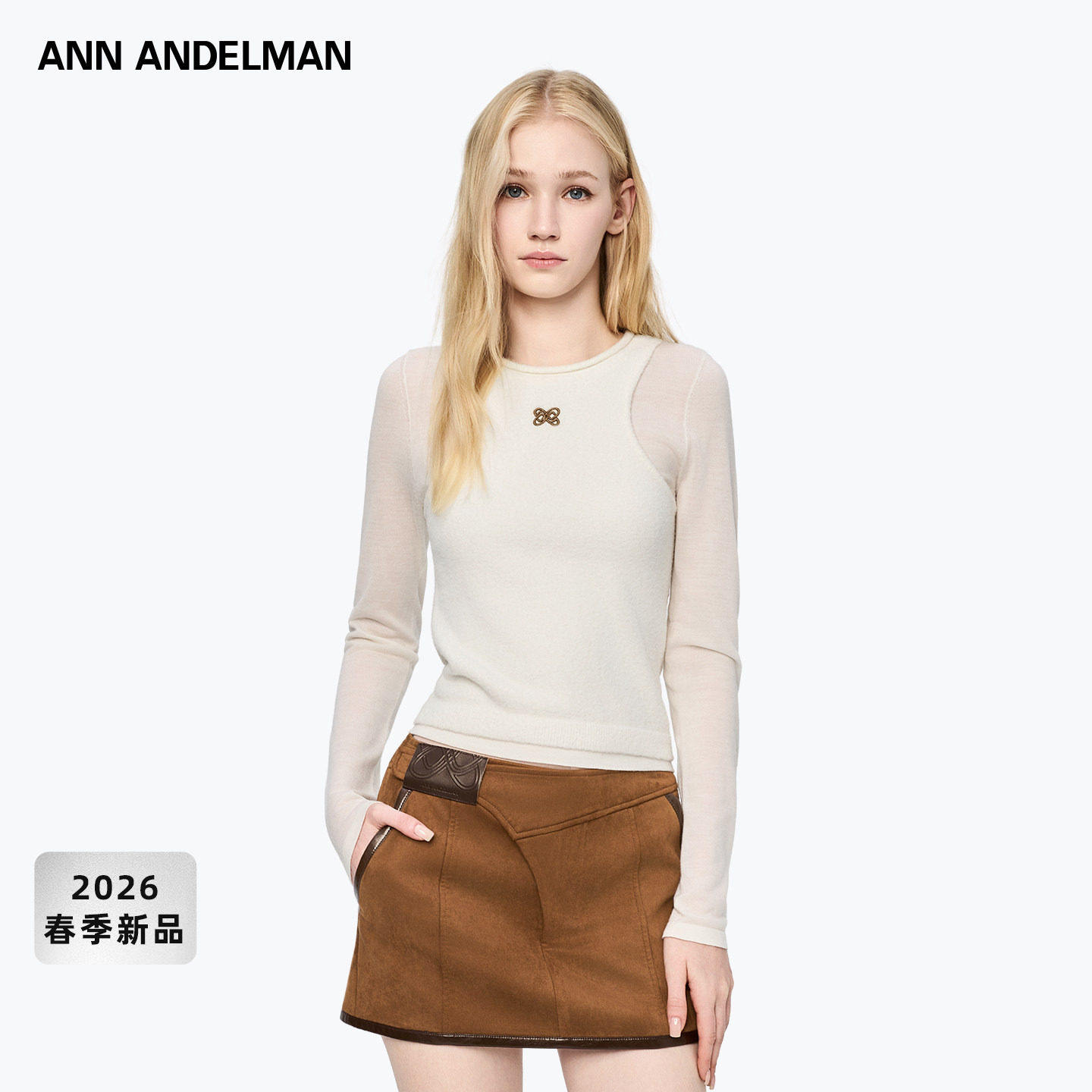 ANN ANDELMAN2026早春新款拼接针织衫上衣女长袖修身内搭简约T恤,女装/女士精品,羊绒衫,淘宝优惠券,粉丝福利购,淘宝优惠卷