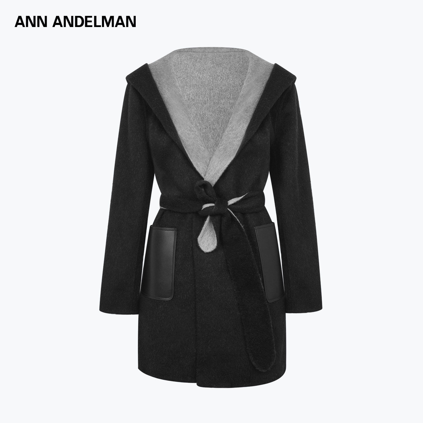 ANN ANDELMAN 撞色拼接羊毛连帽呢子大衣中长款外套冬季