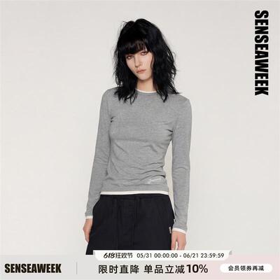 SENSEAWEEK26早春新品层次感修身上衣DMW羊毛拼接假两件打底衫