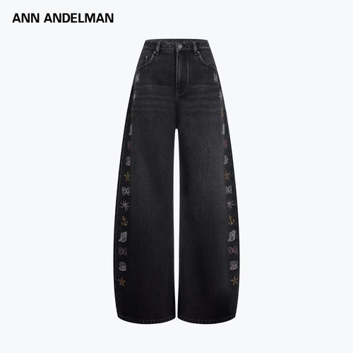 ANN ANDELMAN银河系列烫钻牛仔裤高腰百搭黑色休闲阔腿宽松弯刀裤