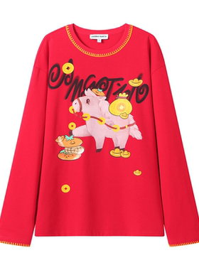 “马年限定款”ANDREA MARTIN2026新款红色T恤女圆领宽松上衣春