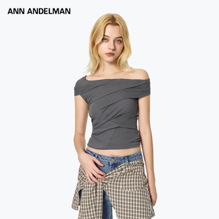 ANN ANDELMAN  2025夏季新款不规则领上衣不对称丽裁褶皱T