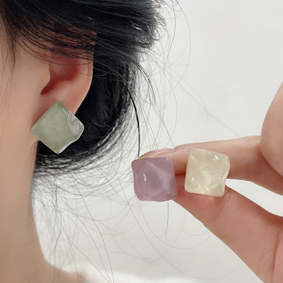 波光粼粼清新彩色方块水波纹耳钉小众设计耳饰耳环女夏季新款