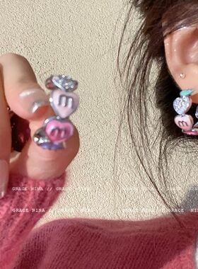 甜美C形甜酷彩色爱心耳环女生小众设计感高级耳钉883